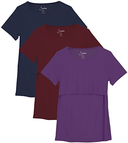 Sosolism Set da 3 Magliette da Allattamento Estate a Maniche Corte T-Shirt Casual per Gravidanza e Post-Parto per Donne Blu Marino, Rosso, Viola, Grande