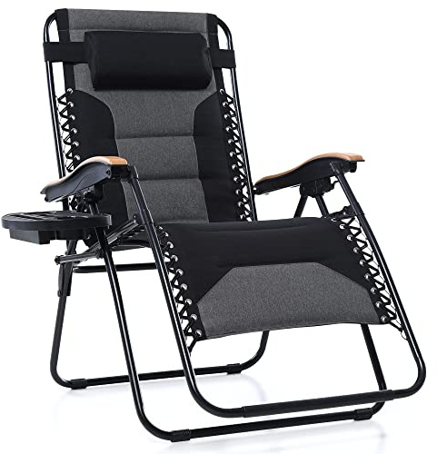 PHI VILLA Oversize XL gepolsterte Zero Gravity Lounge-Sessel Relaxsessel breite Holzarmlehne verstellbare Lounge mit Getränkehalter, unterstützt 158,8 kg (schwarz)