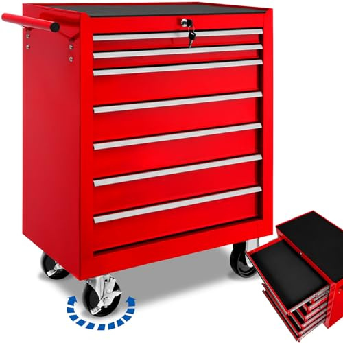 tectake® Verktygsvagn med 7 lådor, Pulvermålad, Mobil med Bromsar, Halksäkra mattor, Robust, Förvaringsvagn, Verktygslåda - Röd