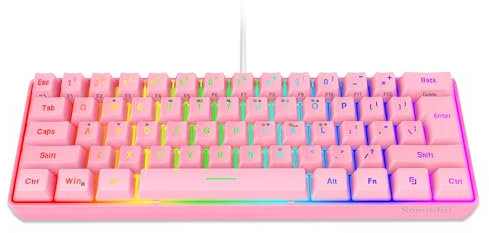 Snpurdiri 60% Wired Gaming Keyboard, True RGB Backlit Ultra-Compact Mini Keyboard, Waterproof Keyboard with 61 Keys for PC/Mac Gamers, Typists, Business Trip, Easy to Carry, Pink (QWERTY Layout)