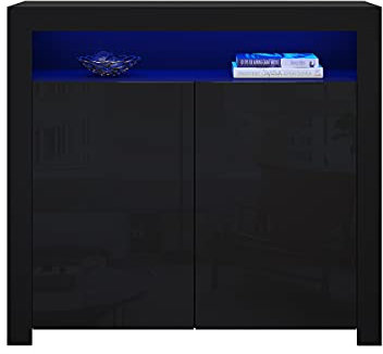 Panana Sideboard Cabinet with Doors Shelves High Gloss Fronts Storage Cupboard with RGB LED Lights Lighting Living Room Dining Room Furniture (Black)