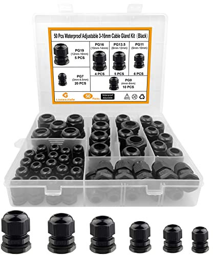 Cable Gland, LISTENJIALE 50PCS PG7,PG9,PG11,PG13.5,PG16,PG19 Waterproof Adjustable 3-16mm Cable Connectors,Plastic Cable Gland Joints with Gaskets in PP Box(Black)