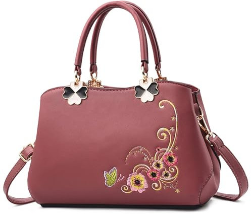 VARLIVOO Elegant Damen Handtaschen Stickerei Schultertaschen Frauen Umhängetasche Taschen Reisen Shopper Taschen Damen Taschen Crossbody Bag Arbeit Reisen PU Leder Rosa C