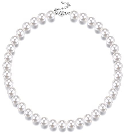 Krfy Sterling Silber Perlenkette Runde Weiße Simulierte Shell Perlenkette für Damen Männer Choker Halskette für Mädchen Jungen 8/10/12mm