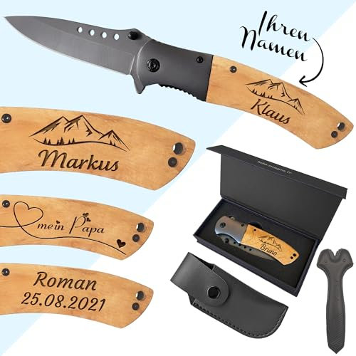KDO MAGIC - Personalisiertes Klappmesser - Gravieren Sie Ihren Vornamen - Personalisierbare Sicherheitsklinge - Gravierte Holzgriffe - Geschenk, Vatertag, Geburtstag oder Weihnachten (Motiv: Berg)