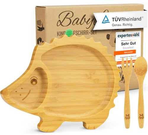Bambus Kinderteller mit Saugnapf & Babybesteck | Beikost Zubehör | Montessori & Baby Led Weaning geeignet | Geprüfter Bambusteller für Babys und Kleinkinder | Melamin & BPA frei