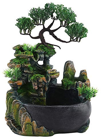 Zimmerbrunnen mit Pflanzen Wasserfall Desktop Brunnen Indoor Chinesischer Fengshui Wasserfall der Zen-Meditation für Zen Meditation Home Office, Luftbefeuchter Geschenk Dekoration Nebel Beleuchtung