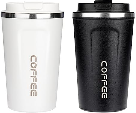 ERBO Kaffeebecher to go, Thermobecher Edelsthal, Auslaufsicher Kaffeetasse Kaffeebecher mit Deckel, Kaffeetasse Thermobecher für Unterwegs Umweltfreundlich, (Weiß + Schwarz) 380ml