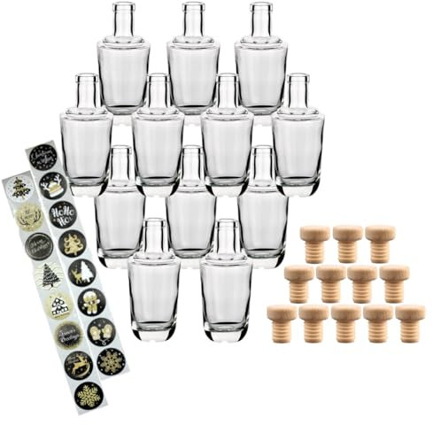 gouveo set di 12 bottiglie di vetro da 250 ml “Alchimia” con tappo a punta (HGK) e 24 adesivi natalizi - bellissime bottiglie di vetro per Natale da riempire e regalare