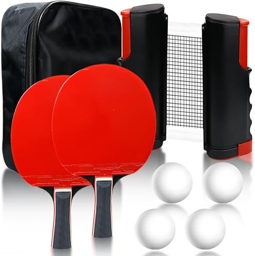 Sporgo Juego de raquetas de ping pong con red móvil extensible, 2 raquetas, 4 pelotas y bolsa, set profesional para juegos