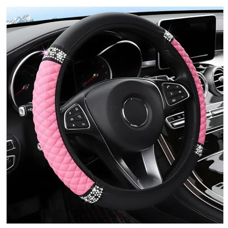 Lenkradbezug Leder Glitzer, Auto Lenkradbezug Diamantbesetzte Glitter, Lenkradhülle Universal Anti Rutsch Elastische Auto Zubehör 37-38cm(Rosa)