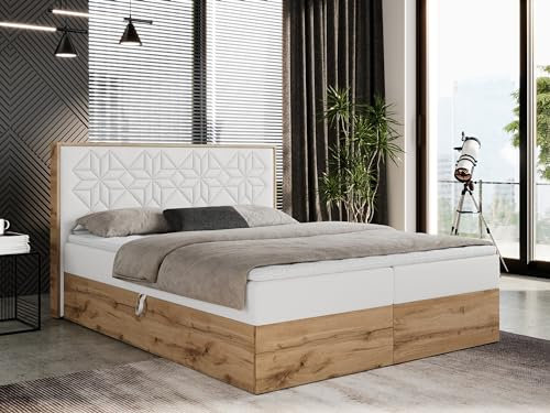 MKS MEBLE Boxspringbett 180x200 Mit Bettkasten, Polsterbett Mit Matratze H4, Kopfteil und Massivholz - Nessi - Weiß Kunstleder