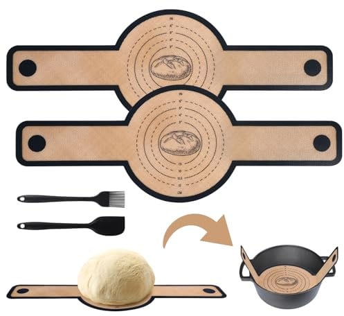 2PCS Silicone Bread Sling for Dutch Oven, 8.3 Inch Non Stick Baking Mat with Long Handle for Transferring Dough, Reusable Heat Resistant Baking Sheets Liner with Brush Spatula for Sourdough Pastry