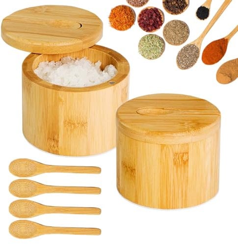 XingyLi 2Pcs Bamboo Salt Boxes, Round Salt and Spice Storage Box with Magnetic Swivel Lid and 6 Spoons, Pepper Spice Containers, Seasoning Pot Bowl Jars for Kitchen Sea Salt Herb Sugar Tea Caddy