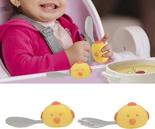 MOUMOUTEN Baby-Gabel-Löffel-Set – Edelstahl, Tragbar, Mit Aufbewahrungsbox, Kurzem Griff, Kleinkind-Utensilien Für Selbsternährendes Besteck Für Kleinkinder(Gelb)