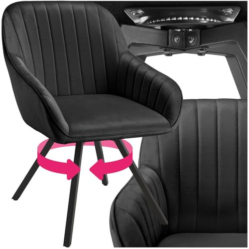 tectake® drehbare Esszimmerstühle mit Armlehne, Schalenstuhl ergonomisch mit Samt Bezug, gesteppt, Stühle drehbar für Wohnzimmer, Esstisch, Arbeitszimmer, Schminktisch, Küchenstühle - 1er Set, schwarz