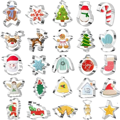 Juego de 25 Moldes Galletas Navidad en Acero Inoxidable – Molde Galletas Navidad con Formas de Árbol de Navidad, Muñeco de Jengibre, Copo de Nieve y Más – Ideal para Repostería Navideña