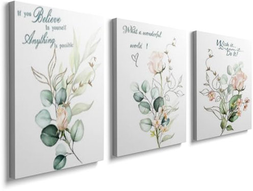 Green Bathroom Canvas Wall Art - Set of 3 Botanical Framed Poster Prints for Home Office 0710