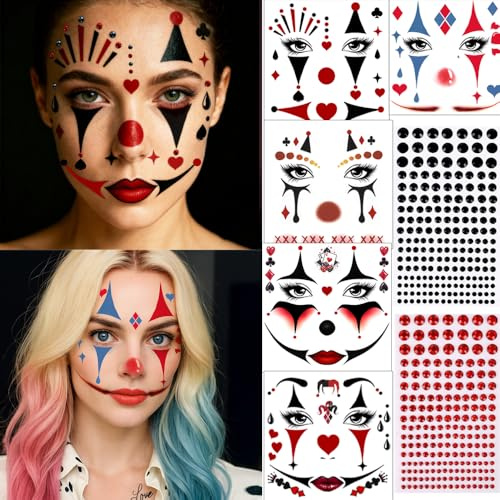 ENYACOS Pantomime & Harlekin Gesichtstattoo Set – 6 Bögen: 4x Tattoo Aufkleber + 2x Glitzersteine (Rot & Schwarz) – Clown Gesicht Tattoo & Make-up Alternative für Karneval & Halloween Kostüm Damen