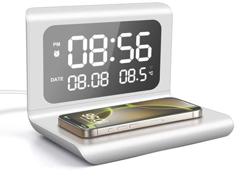 VNBBT Alarm Clock Digital with wireless charging, Removable Digital Alarm Clock Foldable Mirror Surface Bedside Clock with 15W Wireless Charger,Large LED Display With Calendar Temperature (White
