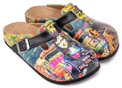 GOBY Clogs Hausschuhe Damen | Handgefertigte Premium Clogs mit Buntem Print – Bequeme & leichte Pantoletten Damen aus hochwertigem Imitationsleder mit Eva-Sohle [ Test SEHR GUT, Note 1.1 *]