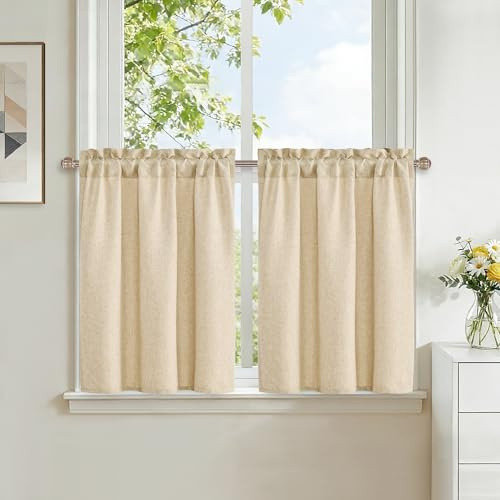 DWCN Küchengardinen Beige Scheibengardinen Kurz Vorhang H45xB60cm 2 Stück | Leinenoptik Vorhänge Fenstervorhänge mit Stangedurchzug für Wohnzimmer Schrankvorhang Schlafzimmer Bistrogardine Wohnwagen