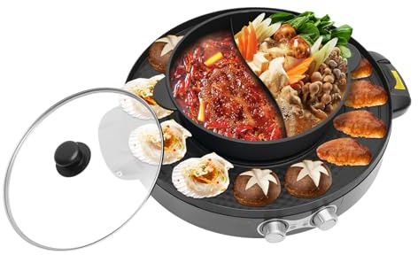 2 in 1 Hotpot und Tischgrill, Elektrischer Hot Pot Non-Stick Rauchfreier mit unabhängiger Temperaturregelung, Indoor Korean BBQ Grill Thai Barbecue Fondue für 8 Personen (Schwarz)