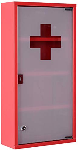 HOMCOM Armoire à Pharmacie 3 étagères 4 Niveaux verrouillable Porte Verre trempé dépoli Logo Croix 30L x 12l x 60H cm Acier Rouge
