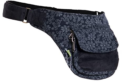 Vishes- Alternative Bekleidung - Bauchtasche aus Cord Baumwolle - Blumen Bedruckt schwarz-grau