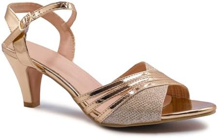 Fashion Thirsty Womens Ladies Low Heel Bridal Wedding Shoes Prom Evening Party Occasion Heeled Open Toe Strappy Bridesmaid Dress Sandals Size Rose Gold Metallic