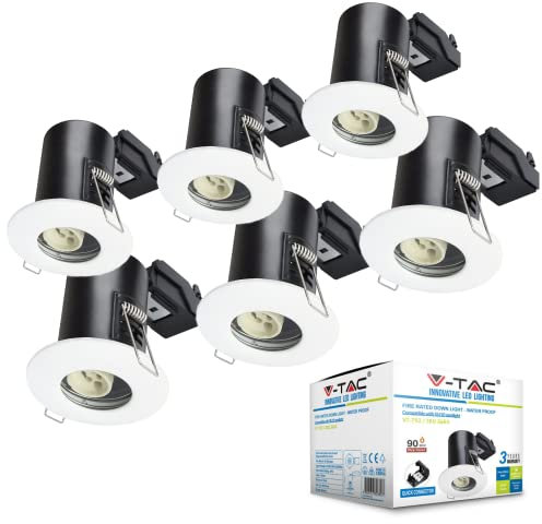 V-TAC Downlights for Ceiling Fire Rated Fitting for LED Downlights IP65 Waterproof Fire Rated Downlight Recessed GU10 Fitting [Pack of 6] White