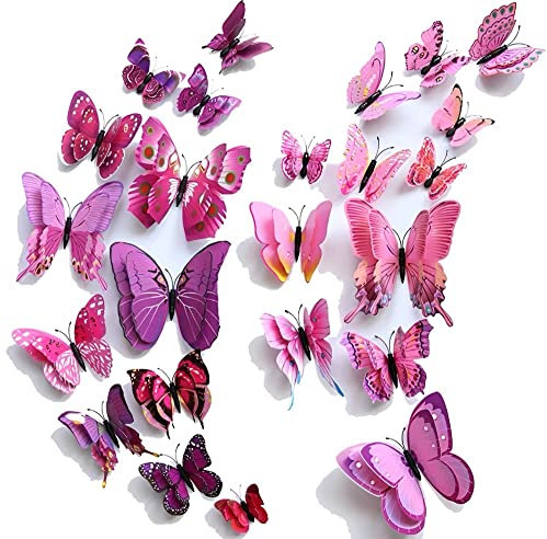 WandSticker4U®- 24er hochwertige 3D SCHMETTERLINGE LILA UND ROSA mit Doppelflügel & Magnet I Schmetterlinge Deko für die Wand Kühlschrank Fenster Möbel Wohnzimmer Kinderzimmer Küche Butterfly