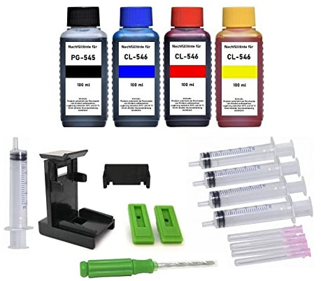 Tintenpatronen Nachfüllset kompatibel mit Canon PG-545 (XL) schwarz + CL-546 (XL) Color Druckerpatronen - 4 x 100 ml Nachfülltinte, Refillset Druckertinte mit Adapter, Bohrer, Zubehör