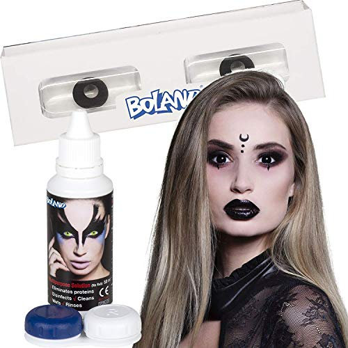 3-TLG. Verkleidung-Set Halloween mit Kontaktlinsen in Schwarz + Kontaktlinsen-Flüssigkeit + Videoanleitung - Linsen Auge Farbe Lösung Horror Monatslinsen Monat Anleitung Fasching gruselig Kostüm