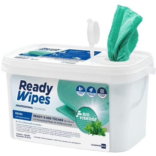 CleaningBox® 5-in-1 Kompostierbare Feuchte Hochglanz Reinigungstücher Gastronomie & Küchen, 50x Pfefferminze Putztücher, Grün 30x30 cm - Biologisch abbaubar und Made in Germany