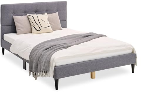 Homestyle4u Polsterbett 120x200 cm Grau mit Lattenrost - Bettgestell | Gestepptes Kopfteil, Webstoff-Bezug, Mittelstrebe, konische Holzfüße – ideal für Schlaf-, Gäste- oder Jugendzimmer