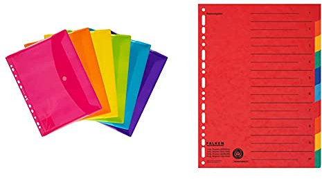 Oxford Dokumenten-Mappen A4, Taschen mit Klett-Verschluss, zum Abheften, sortiert, 6er Pack & Original Falken Karton-Register überbreit. Für DIN A4 24 x 29,7 cm volle Höhe