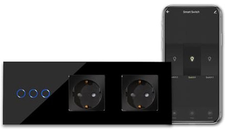 CNBINGO Smart Touchschalter mit Doppel Schuko Steckdose unterputz mit Glasrahmen, WLAN Lichtschalter Arbeit mit Alexa, Google Assistant, Wandschalter dreifach in Schwarz, Neutralleiter Wird Benötigt