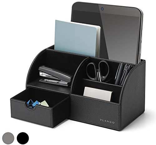 Büro-Schreibtisch-Organizer – Vlando Leder Schreibtisch-Organizer Caddy mit Schublade zur Aufbewahrung von Schreibtischzubehör und Zubehör (schwarz)