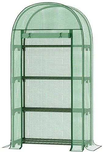 Outsunny Serra da Giardino con 4 Ripiani in Metallo e Copertura in PE, Serra per Orto con Porta Avvolgibile 80x49x160cm, Verde