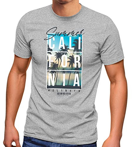 Neverless® Herren T-Shirt Summer California Holidays Sommer Palmen Foto Print Aufdruck Schrfitzug Fashion Streetstyle grau XL