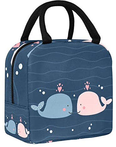 Happy Valentines Day Couple Whales Pink Blue Isolierte Lunchbox Tote Bag, Thermo Lunch Bog Cooler für Frauen Mädchen Erwachsene, Wiederverwendbare Picknick Lunch Handtasche für Schule Büro Outdoor