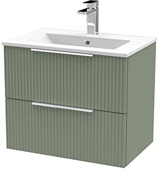 Hudson Reed DFF893B Fluted Modern Bathroom Wall Hung 2 Drawer Vanity Basin Unit with Minimalist Ceramic Basin, 600mm, Satin Green