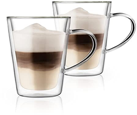 camako Double Walled Coffee Glasses Mugs Cappuccino Latte Macchiato Glasses Cups with Handle Borosilicate Heat Resistant Glass Cups for Coffee Tea Milk Juice Ice Cream (2x250ml)
