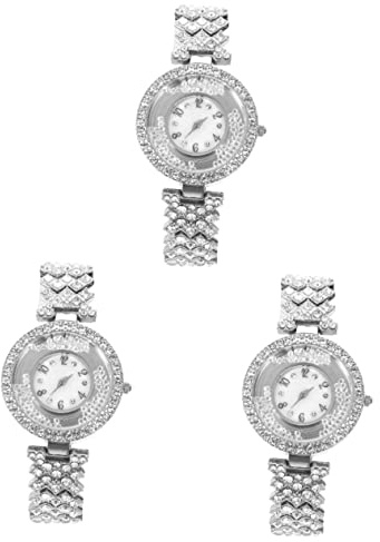 Mikikit 3stücke Elegant Damen Armbanduhr Mit Strasssteinen Glitzernde Quarzuhr Für Accessoire Für Komfortabler Edelstahlarmband Und