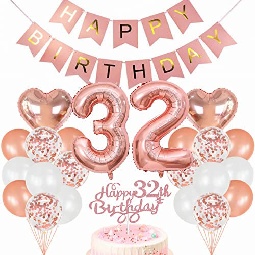Conruich Geburtstagsdeko 32 Jahre Frau, Luftballon 32. Geburtstag Deko Set, Rosegold Tortendeko Geburtstag 32 Jahre Frauen, Ballon 32 Geburtstag Frau, Happy Birthday Banner Deko 32 Geburtstag Frau