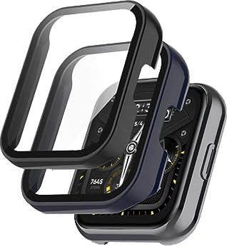 Alenbowen Estuche Compatible con Realme Watch 2 Pro PC Cover con protección de Vidrio Templado, protección Completa Ultrafina Protector Cover-Negro+Azul【2 Piezas】