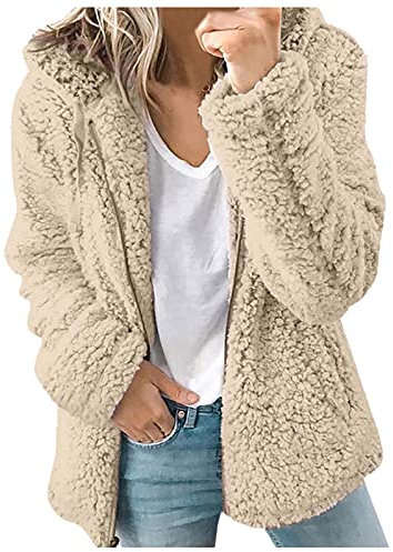 AMhomely Fleece Coats for Women UK Clearance Winter Warm Teddy Fleece Jackets Soft Fluffy Coat Hooded Overcoat Cardigan Full Zip Casual Loose Comfy Ladies Jumper Tops UK Size 8-16, 03 Khaki