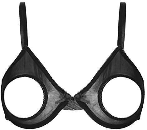 Freebily Sujetador Abierto con Aros para Mujer, Sujetador de Malla Transparente Negro E, XXL