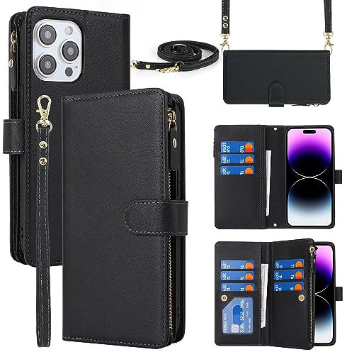 Cavor Coque Compatible avec iPhone 15 Pro Etui avec Cordon,Flip Portefeuille Étui Cuir,[9 Porte Cartes][Double Boucle],Protection Housse étui Compatible avec iPhone 15 Pro - Noir